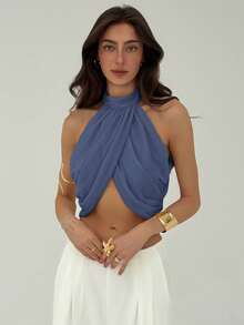 Aloruh Áo kiểu nữ thanh lịch, gợi cảm, chất liệu chiffon, thích hợp cho kỳ nghỉ, phong cách thường ngày, cổ xếp ly chéo sau lưng, cài nút. - Màu xanh bụi bặm - Xem 3