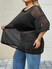 SHEIN CURVE+ 亮片薄纱圆领宽松套头衫，加大码 - 黑色 - 查看 4