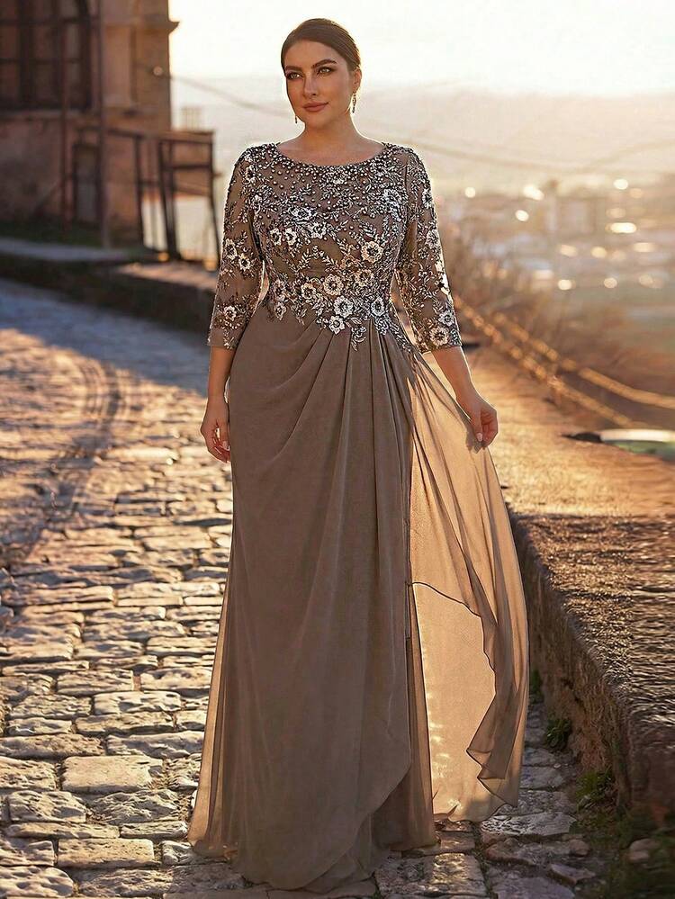 فستان شيفون فاخر مطرز بأكمام ثلاثة أرباع وياقة مستديرة وخصر مزين بكشكشة وتطريز، مناسب للزفاف والحفلات والسهرات الرسمية وفستان أم العروس - بني داكن - مشاهدة 5