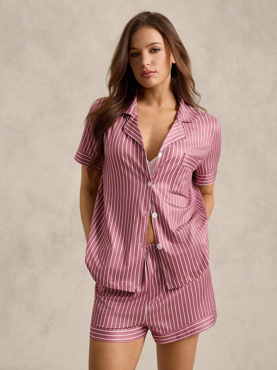 EverLounge Women's Dusty Pink Striped Pajama Set,Summer Casual Lounge Short Sleeve Button-Up Top & Elastic Waist Shorts,Relaxed Fit Soft Fabric Classic Design - Multicolor - View 1