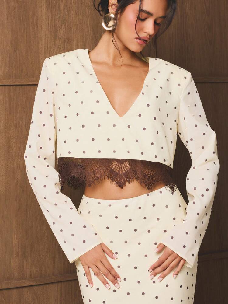 Polka Dot V Neck Blouse With Lace Hem