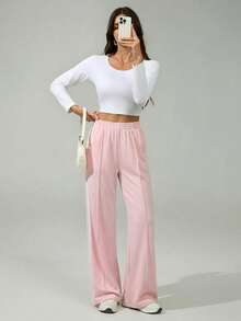 SHEIN Tall 女士弹力腰侧条纹阔腿宽松休闲运动裤，返校季 - 粉色 - 查看 6