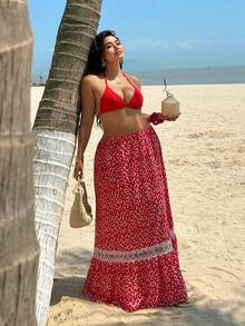 Sunnyshic New Versatile Casual Beach Vacation Unique Design Lace Patchwork A-Line Printed Maxi Skirt - Red - View 6