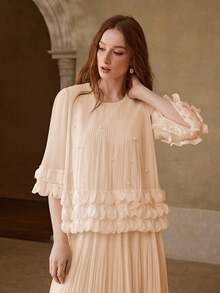 MOTF PREMIUM WOMEN'S ROMANTIC DATE LONG SLEEVE LACE TRIM APRICOT ROUND NECK BLOUSE, SPRING/SUMMER - Pink - View 4