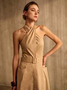 MOTF PREMIUM ELEGANT WOMEN'S CASUAL LOOSE FIT NECK TIE SLIMMING KHAKI DRESS - Khaki - View 6