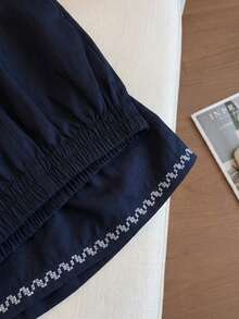 Franclia 女士优雅休闲简约印花纯色无袖上衣+短裤两件套 - 藏蓝色 - 查看 6