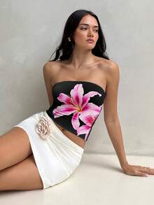 Aloruh Áo croptop quây ngực in họa tiết hoa ly đen, kiểu dáng thường ngày dành cho nữ, thích hợp cho kỳ nghỉ hè, trang phục nghỉ dưỡng ở Hawaii. - Nhiều màu - Xem 6