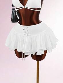 Amplova Women's Summer Fashion Solid Color Cross-Tied Ruffle Hem Skirt Night White Sexy - White - View 5