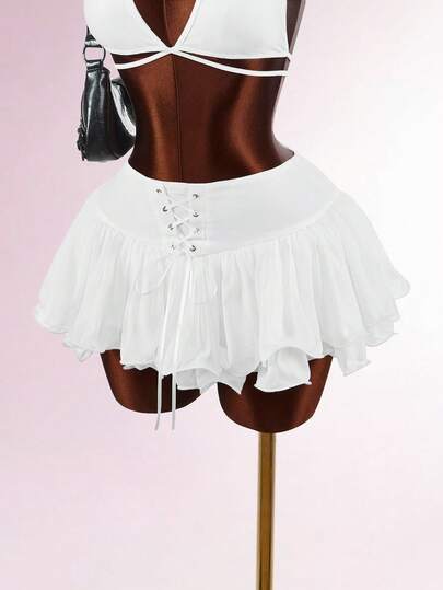 Amplova Chân váy xếp ly buộc chéo màu trơn thời trang mùa hè dành cho nữ.