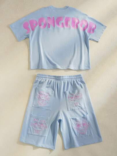 SpongeBob SquarePants | SHEIN 男士圆领短袖T恤和短裤休闲套装