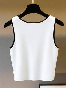 INAWLY Áo tank top in hoa phối viền tương phản phong cách thường ngày - Đen và trắng - Xem 2