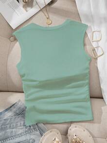 SHEIN EZwear Top décontracté polyvalent à plis de couleur unie pour femme - Vert - Voir 2