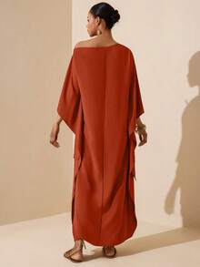 Vesra Women's Summer Minimalist Solid Color Asymmetric Hem Dress - Rust Brown - View 2