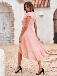 EMERY ROSE Solid Ruffle Trim Belted Wrap Dress For New Year Clothes Maxi Vacation Beach Outfits Women - Pink - View 2
