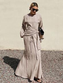 DAZY 2pcs Blue Linen-Feel Loose Cinched Waist Vacation Style Set, Spring/Summer Lounge Sets For Women - Khaki - View 2