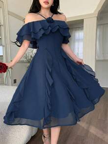 Feyla Gaun Elegan Wanita Warna Polos dengan Dekorasi Bunga 3D, Ruffle, Model Off-Shoulder Halter - Biru - View 3