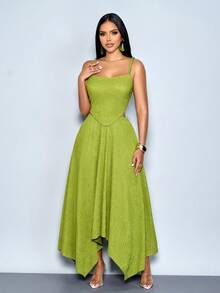 SOLERSUN 女士夏季时尚休闲优雅绿色纹理面料吊带背心搭配不对称下摆半身裙套装，适合派对、海滩度假、日常穿着、音乐节、假期通勤、外出等场合。 - 綠色 - 查看 4