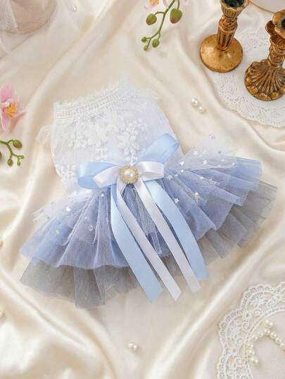 PETSIN 1件宠物服装优雅蕾丝网纱公主裙珍珠蝴蝶结装饰小型犬猫婚礼派对礼服，猫狗通用服装