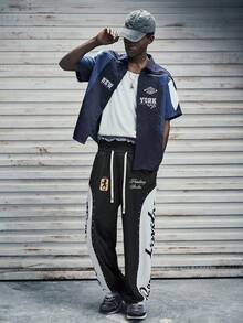 Modcrash Pantalon de survêtement contrasté noir et blanc avec strass, pantalon ample à jambes larges, pantalon de sport décontracté de style hip hop américain, style rétro américain, unisexe, coupe décontractée, tenue d'été - convient pour le port quotidien et les tenues de vacances d'été. - Noir - Voir 7