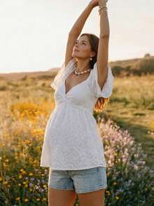 Boho Mama Áo ngủ kiểu babydoll màu trơn, thoải mái, dành cho bà bầu và đi nghỉ mát, hiệu Schiffy, cổ tim, kiểu xoắn phía trước, thích hợp cho mùa hè. - trắng - Xem 10
