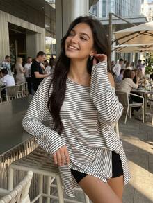 DAZY Women's Cutout Shoulder Striped Drop Shoulder Loose Long Sleeve T-Shirt Cover Ups For Swimwear - Black and White - View 13