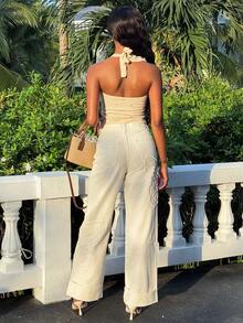 Mima John Áo len dệt kim sequin hở lưng buộc dây, áo yếm thêu sequin, mọi mùa, áo Y2K, quần áo mùa thu cho nữ - Màu be - Xem 2