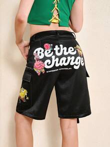 SpongeBob SquarePants | SHEIN Women's Fashion Design Summer Cargo Style Denim Shorts - Black - View 2