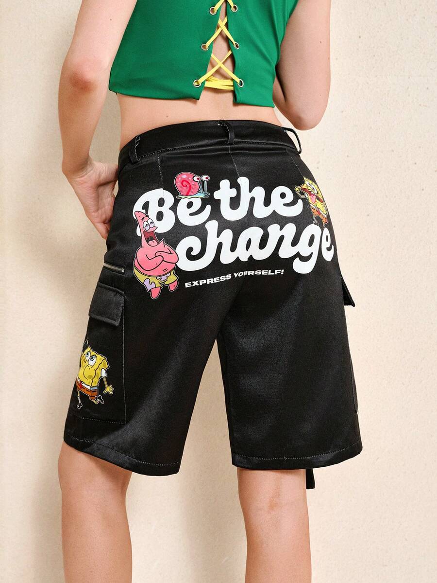 SpongeBob SquarePants | SHEIN Women's Fashion Design Summer Cargo Style Denim Shorts - Black - View 1