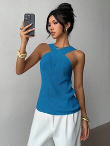 Elenzga Back To School Casual Crossover Neckline Minimalist Unique Design Retro Style Women Knit Sweater, Spring/Autumn - Dusty Blue - View 3