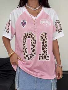 Coolane 女士春夏街头风 Y2K 豹纹数字图案足球球衣 V 领粉色 T 恤 - 西瓜粉 - 查看 4