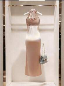 SHEIN Franclia Đầm dài thanh lịch dành cho nữ với cổ áo kiểu dây chuyền, đính hạt cườm, eo khoét sâu và thiết kế xếp ly. - Rượu sâm banh - Xem 2