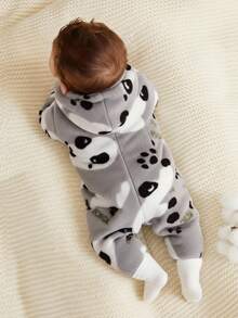 SHEIN 新生女宝宝可爱卡通图案毛绒连帽连体衣，秋冬季新生儿男女通用保暖睡衣，婴儿动物图案衣服，男宝宝秋季新生儿拉链套装 - 彩色 - 查看 2