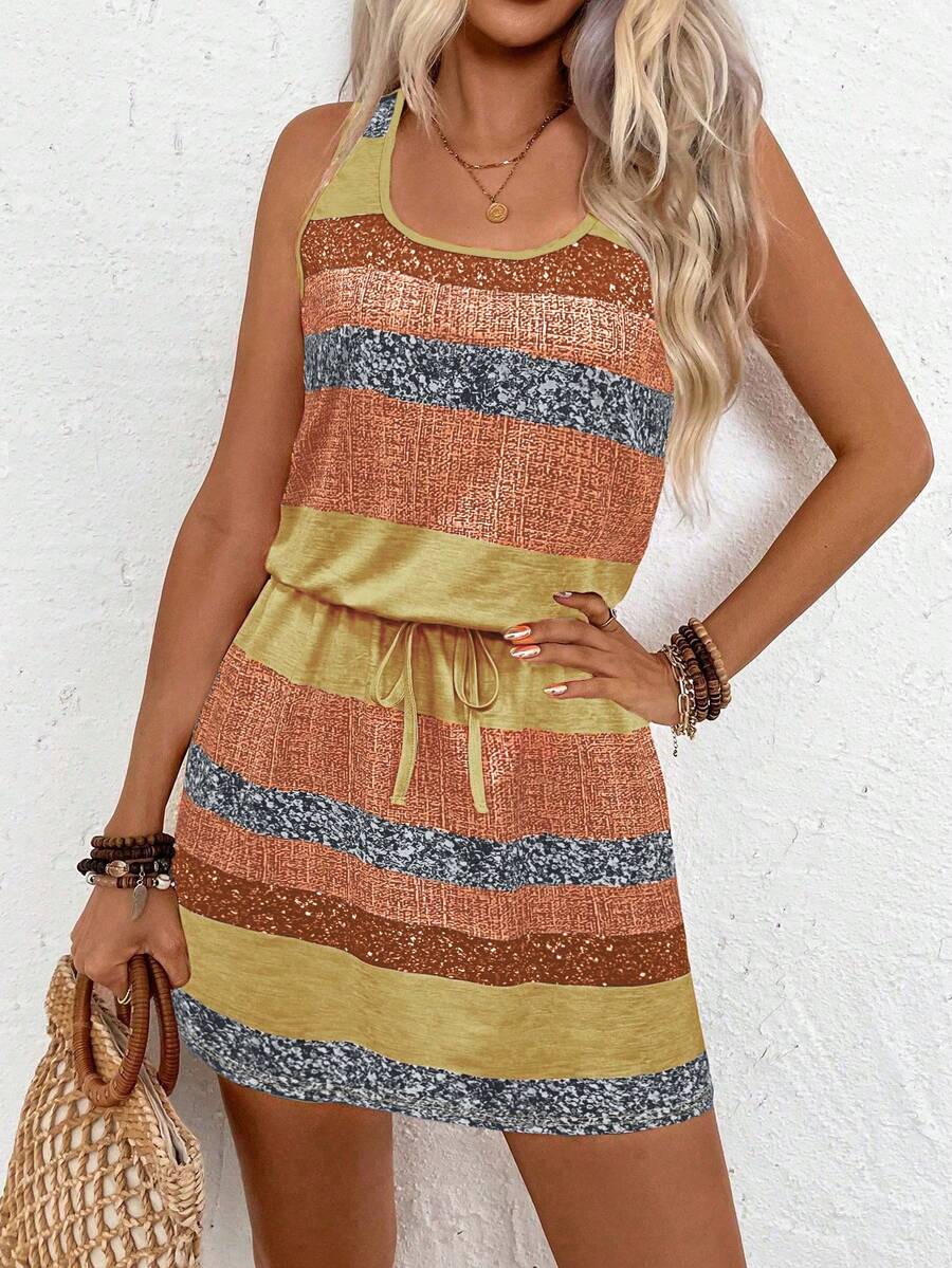 EMERY ROSE Women's Vacation Casual Colorblock Striped Sleeveless Dress - Yellow - View 1