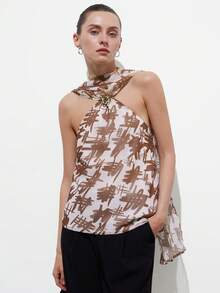 Aveloria Modichic Élégante et sexy blouse légère en chiffon avec boucle métallique de luxe, imprimé ras-du-cou dos nu/imprimé aléatoire - Multicolore - Voir 5