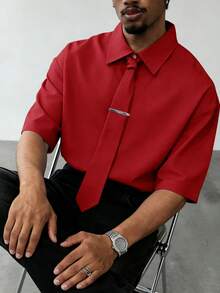 Manfinity Dauomo Teen Boys Red Button Down Short Sleeve Shirt With Matching Tie Modern Fit Casual Top - Burgundy - View 4