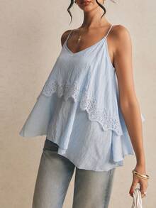 Poéselle Áo camisole nữ viền ren, kiểu dáng thường ngày, đa năng, thích hợp mặc hàng ngày. - Màu xanh nhạt - Xem 8