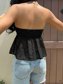 MainGRL Women's Solid Color Embroidered Textured Fabric Camisole, New Sexy Black Backless Camisole For Summer, Retro Bohemian Style Star Metal Buckle Decor Bandeau Top,Summer Top - Black - View 2