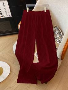 SHEIN LUNE Plus Size Elegant Jacquard Knit Lace Trim Casual Commuter Jacket & Pants Set, Suitable For Party, Afternoon Tea, Spring & Summer - Burgundy - View 5