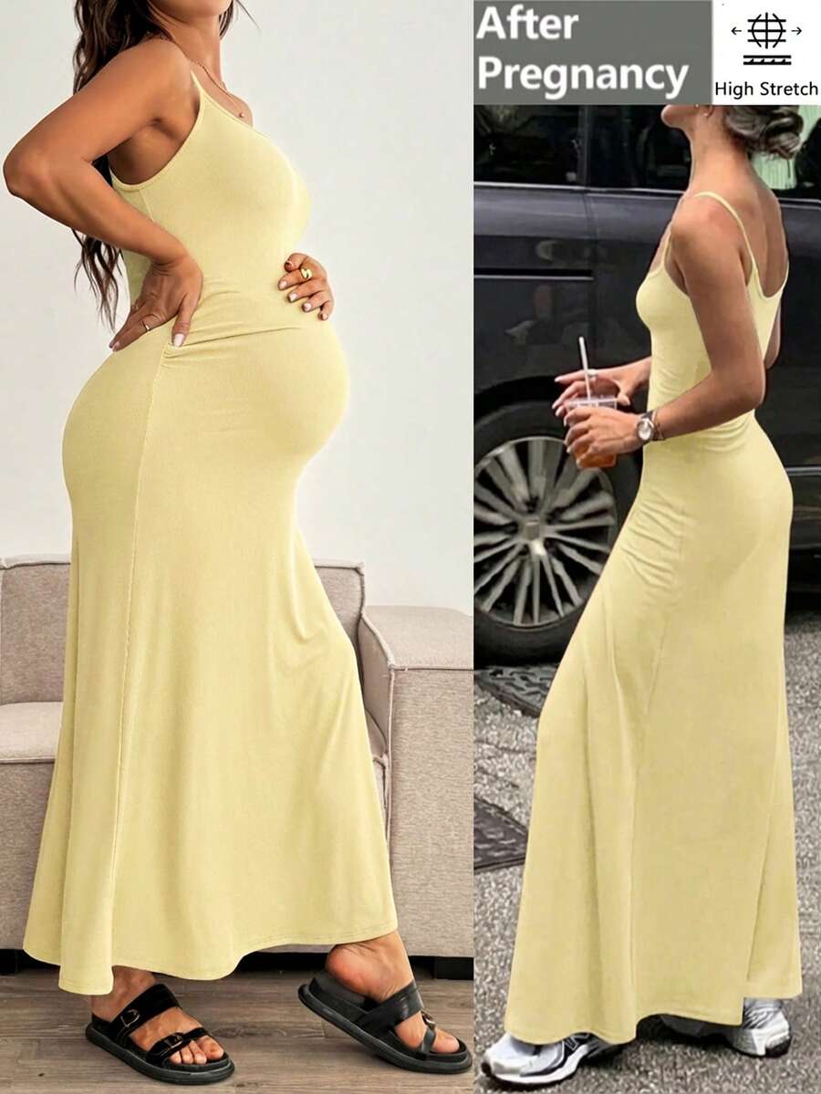 SHEIN Maternity Solid Color Mermaid Hem Fitted Camisole Dress - Yellow - View 1