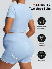 SHEIN Maternity Sports Solid Color Short Sleeve Cropped T-Shirt & Shorts,Word Cup - Baby Blue - View 2