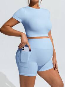 SHEIN Maternity Sports Solid Color Short Sleeve Cropped T-Shirt & Shorts,Word Cup - Baby Blue - View 4