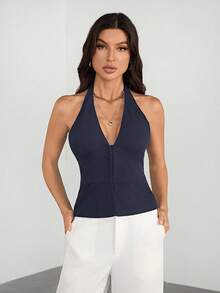 SHEIN Tall Áo blazer nữ cổ chữ V màu đen trơn, kiểu dáng thường ngày, chất liệu dệt kim, gợi cảm, phong cách công sở cổ điển, thích hợp cho giáo viên mùa thu. - Màu xanh hải quân - Xem 6