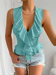 SHEIN Unity Women's Solid Color Ruffle Trim Halter Neck Camisole - Baby Blue - View 5