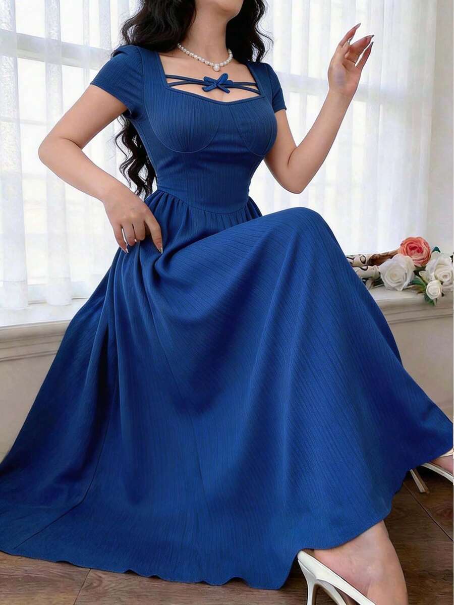 Feyla Damen Einfarbiges Kleid mit Schleifendekor, Kurzarm, elegant