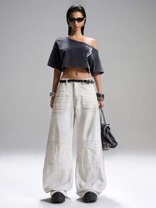 LYSMO Áo sweatshirt nữ tay ngắn dáng suông, màu xám bạc, kẻ sọc, kiểu dáng bất đối xứng, phong cách tối giản, thích hợp mặc đi chơi, phong cách đường phố Y2K, áo crop top nữ, áo kiểu nữ, áo crop top nữ mùa hè. - Màu xám đen - Xem 4