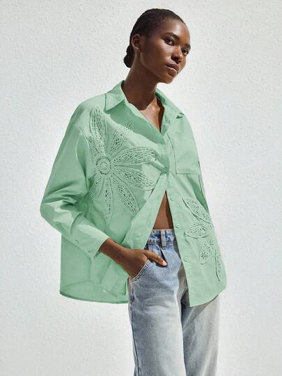 Maija 女士钩编装饰休闲宽松衬衫，百搭舒适，适合春夏穿着，波西米亚风格，适合音乐节、伊比沙岛、圣帕特里克节、复活节等场合。