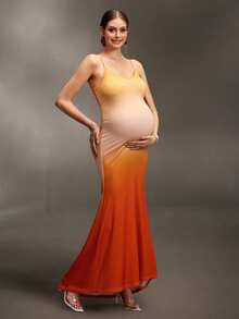 Cheriluna Maternity 露背浪漫约会派对吊带修身深V领垂褶长款网纱孕妇连衣裙，夏季连衣裙，下午茶派对连衣裙 - 彩色 - 查看 1