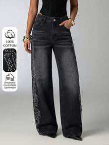 Aloruh 女士休闲水洗水钻装饰阔腿牛仔裤 - 黑色 - 查看 4