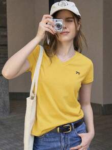 Camiseta casual de mujer con estampado de lazo, verano - Amarillo - Ver 4