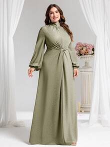 Coutiva Plus Size Solid Color Minimalist Long Sleeve Evening Gown (Embellished) - Army Green - View 4